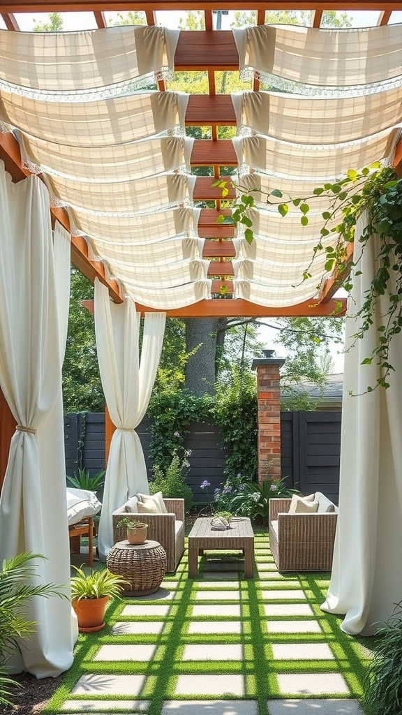 A cozy pergola with drapery, seating area, and greenery in a backyard