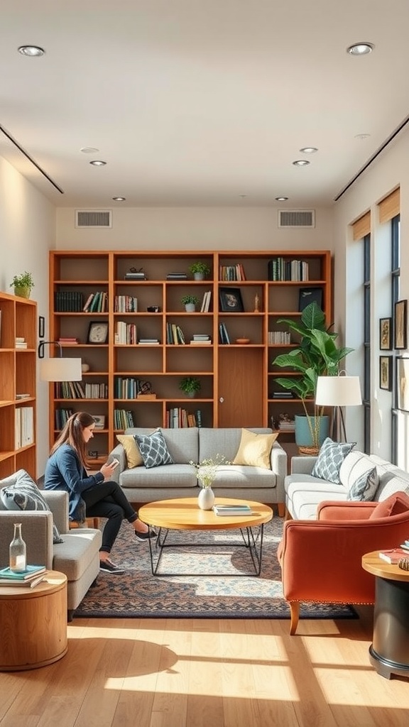 A stylish college living room with comfortable seating, a coffee table, and shelves filled with books.