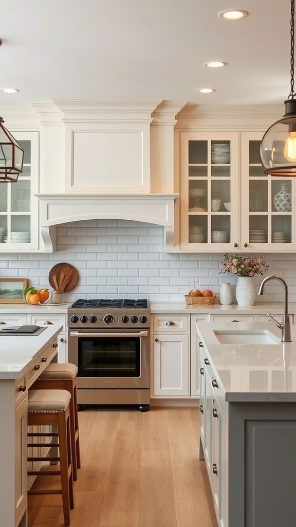 A stylish transitional kitchen design featuring white cabinets, a gray island, and natural wood accents.