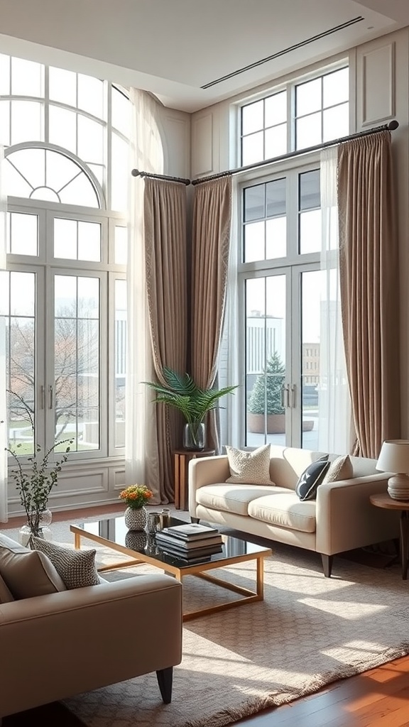 A bright living room featuring large windows with elegant drapes and a cozy seating area.