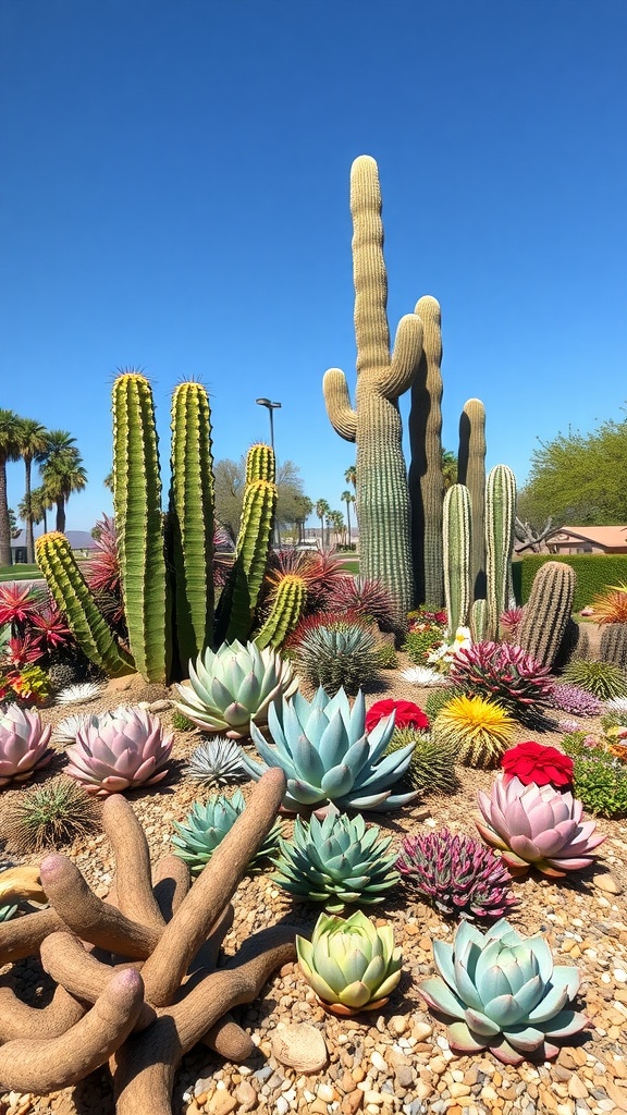 A vibrant flower bed filled with various succulents and cacti in an arid climate.