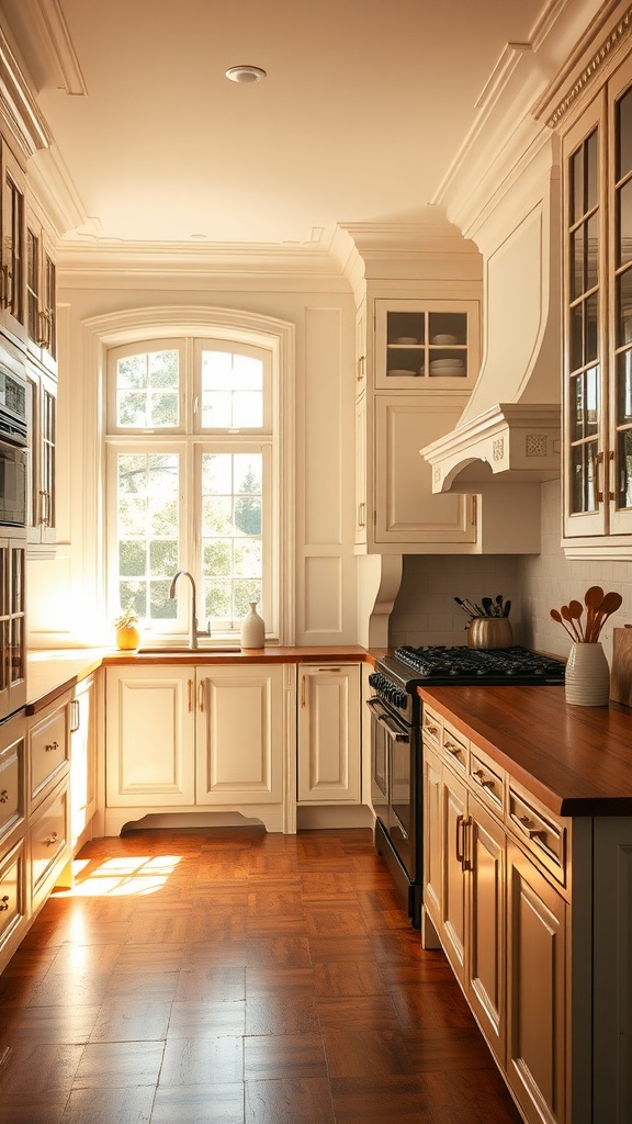Bright and elegant kitchen with warm white cabinets and wooden countertops.