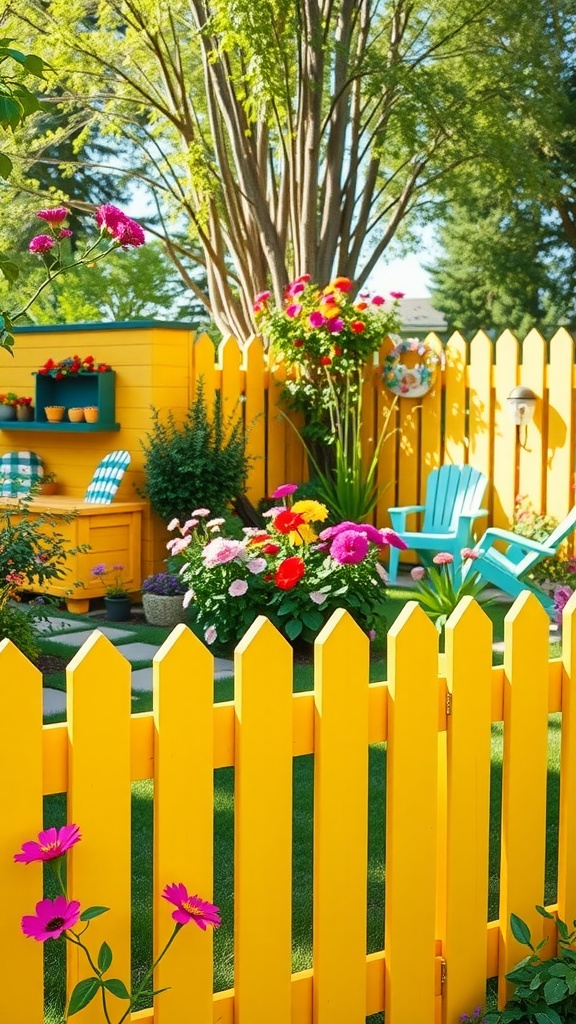 A vibrant yellow picket fence in a garden surrounded by colorful flowers and blue chairs.