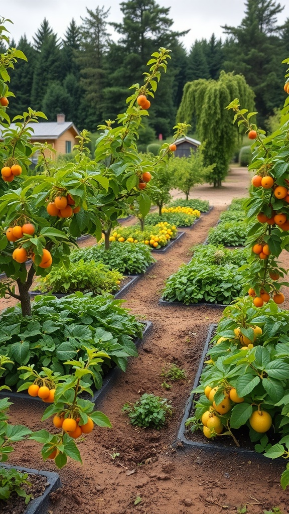Rows of fruit trees with oranges and lush green plants in a garden setting