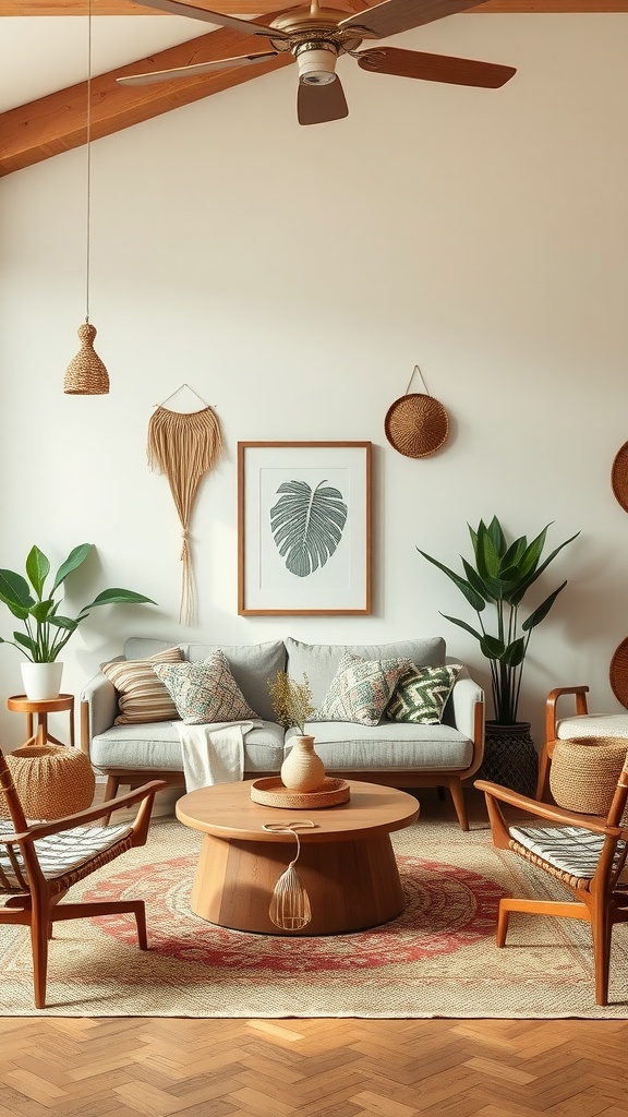 A boho living room featuring sustainable decor with plants, wooden furniture, and natural textures.