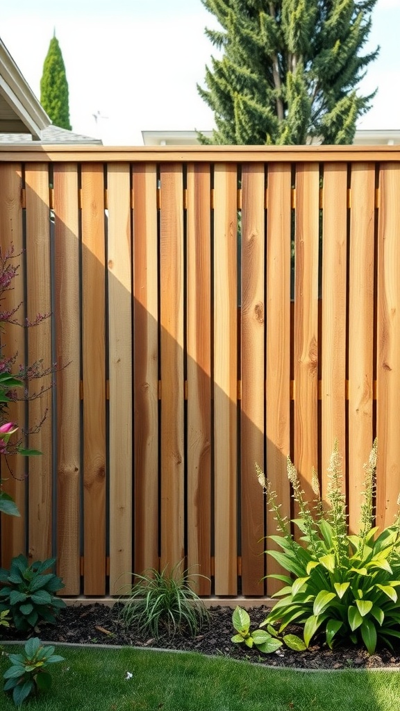 Tall wooden slatted fence panels providing privacy in a garden setting.