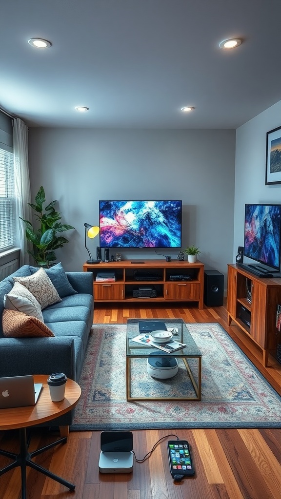 A cozy college living room with a large TV, sound system, and charging stations.
