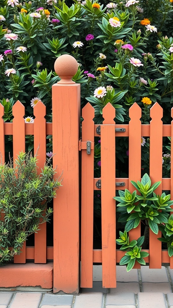 A terracotta fence surrounded by colorful flowers, featuring a rounded post and green plants.
