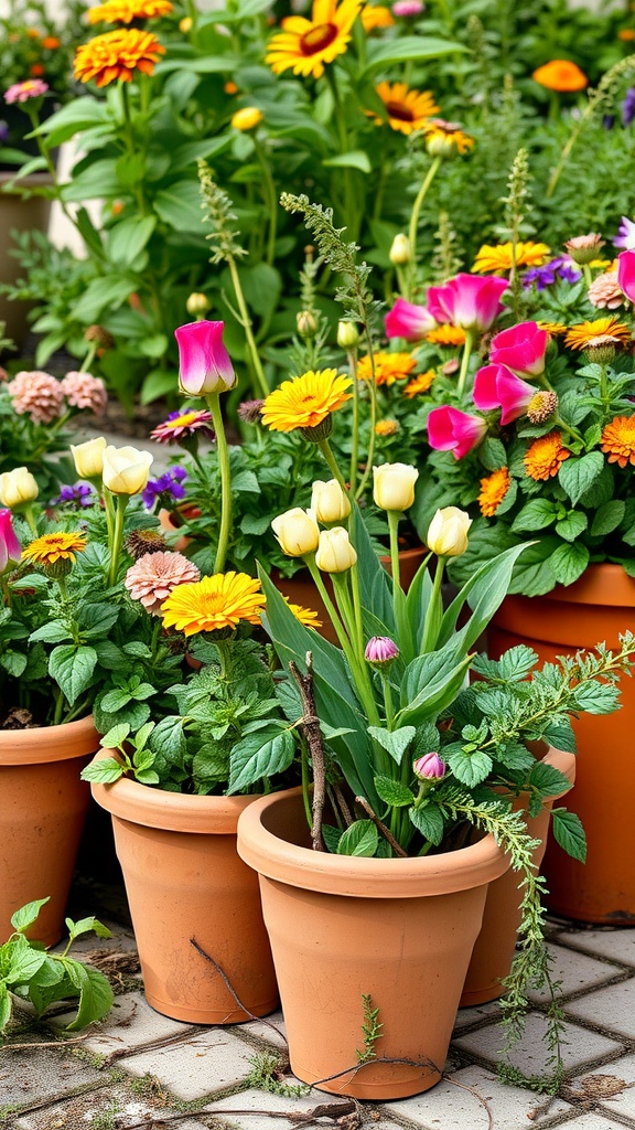 Terracotta pots filled with colorful flowers in a garden setting.