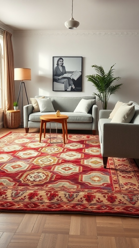 A stylish living room featuring a textured area rug with geometric patterns and warm colors.