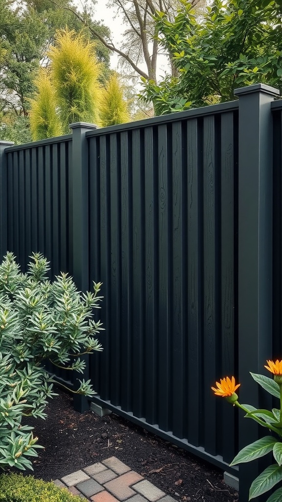 Textured black privacy fence in a garden