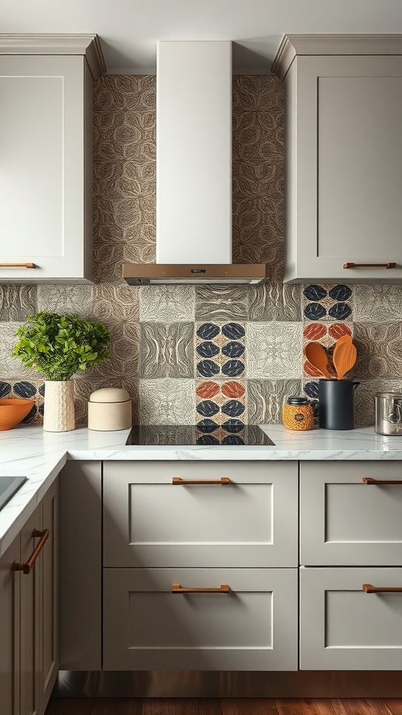 A kitchen featuring textured cement tiles in various patterns and colors, complementing the cabinetry and decor.