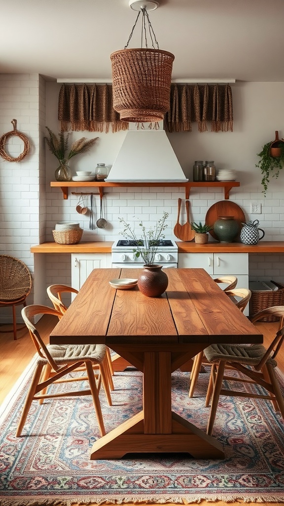 A cozy boho kitchen with a wooden table, textured rug, and earthy decor accents.