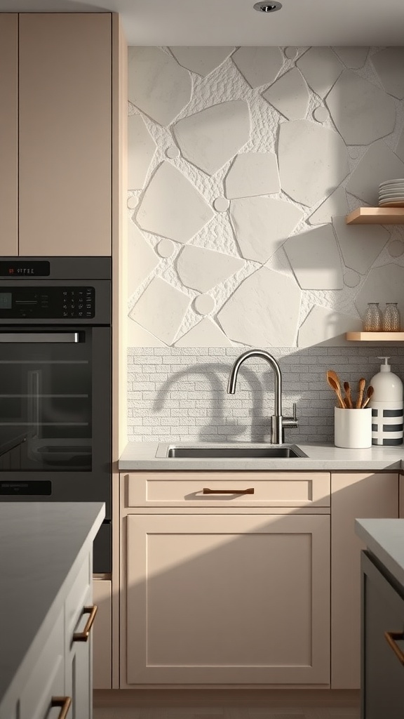 A cozy kitchen with textured walls and a stylish backsplash