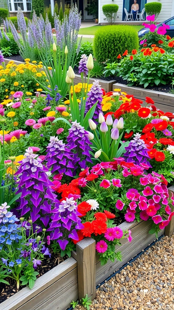Vibrant flower bed framed by timber sleeper edging