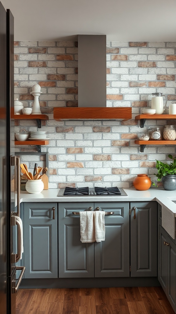 A kitchen featuring a charming brick wall backsplash with wooden shelves and modern appliances.
