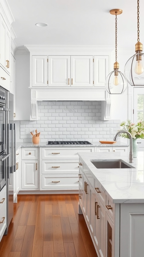 A bright and elegant all-white kitchen featuring gold hardware, marble countertops, and wooden flooring.