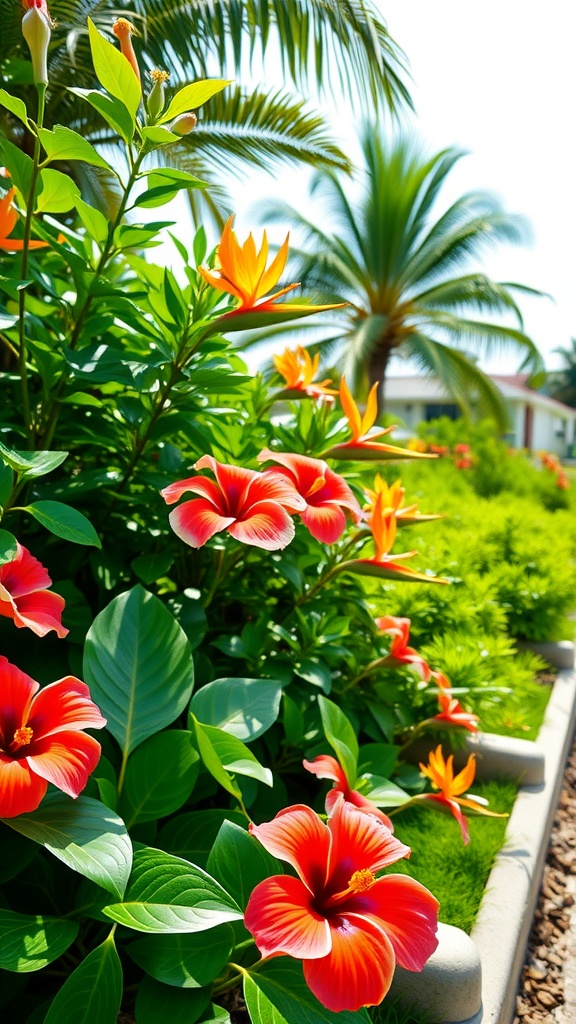 A vibrant tropical flower bed featuring bright red and orange hibiscus flowers with lush green leaves.