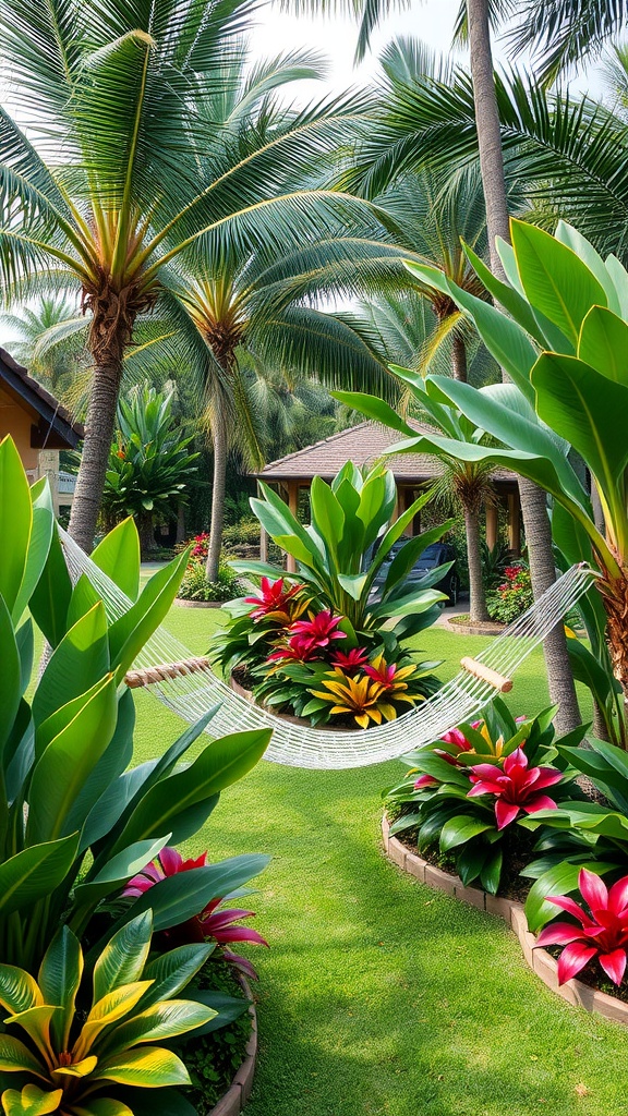A tropical garden featuring palm trees, colorful flowers, and a hammock.