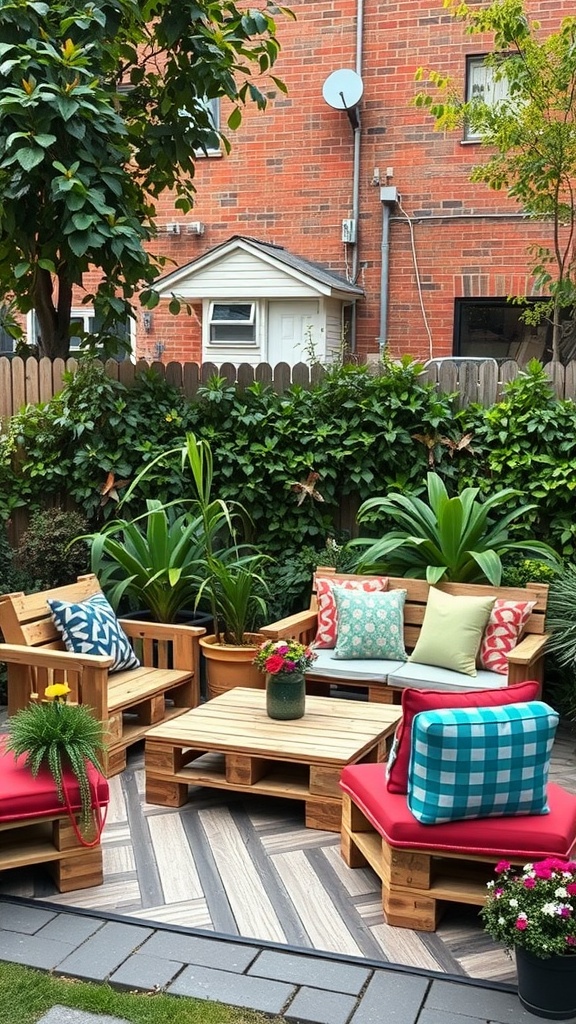 A cozy backyard seating area featuring upcycled pallet furniture, colorful cushions, and decorative plants.