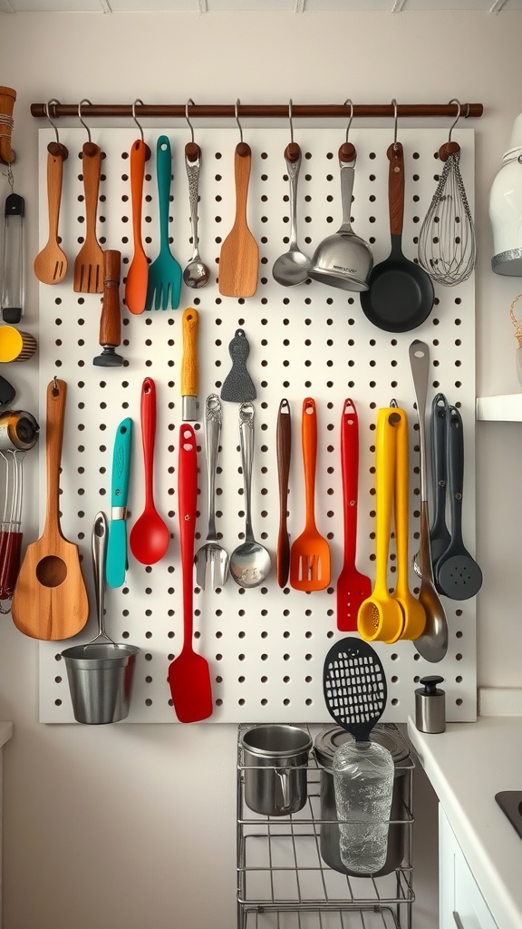 Pegboard displaying colorful kitchen tools including spatulas, measuring cups, and whisks.