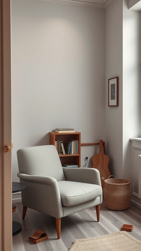 Cozy reading nook with a comfortable chair and small bookshelf.