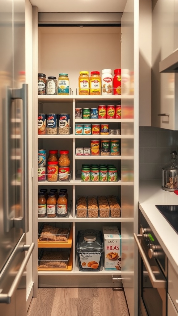 A well-organized pull-out pantry filled with various jars and containers.