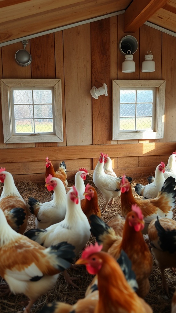 A bright chicken coop with windows and ventilation, filled with chickens.