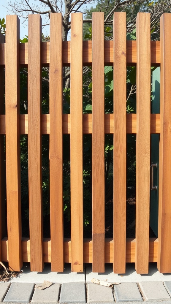 A wooden slatted fence with vertical slats and a clear view of greenery behind it.
