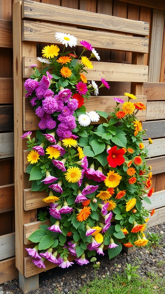 A vertical flower bed made of wooden slats filled with various colorful flowers.