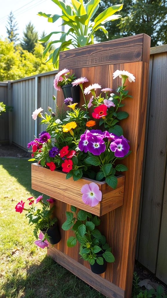Wooden vertical garden planter filled with colorful flowers in a backyard setting.