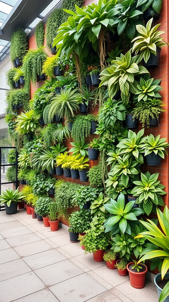 A lush vertical garden wall featuring various green plants in pots.