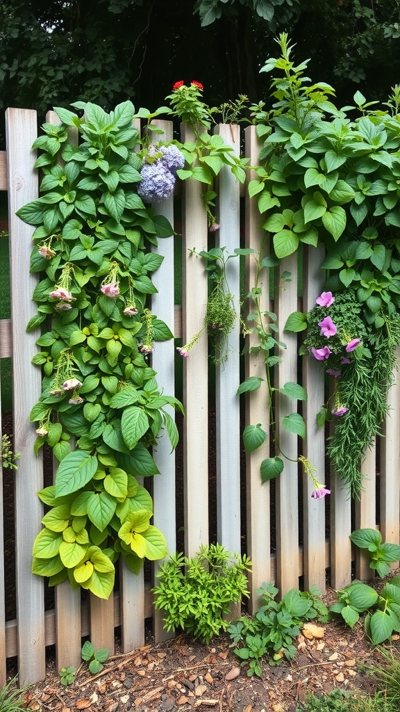 A vertical garden with various plants climbing a wooden fence, featuring colorful flowers and lush foliage.