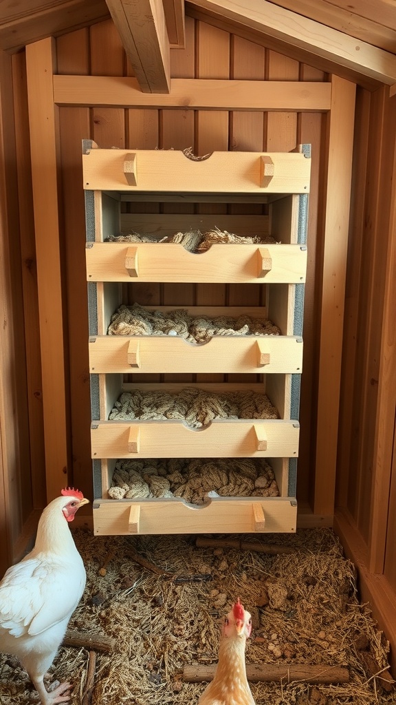 Vertical nesting boxes installed in a chicken coop with chickens nearby.