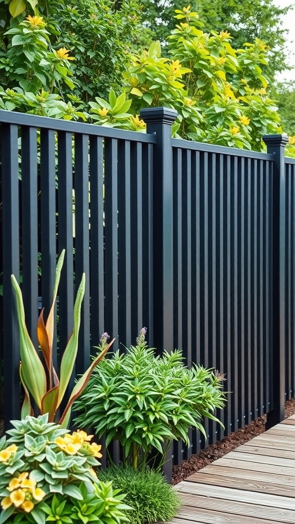 A vertical slat black fence with lush greenery and colorful flowers in the foreground.