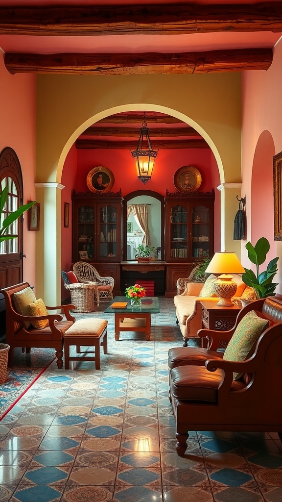 A cozy Spanish-style living room featuring vibrant colors and rustic wooden furniture.