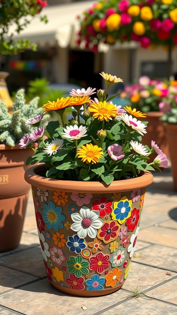Colorful painted flower pot with various floral designs
