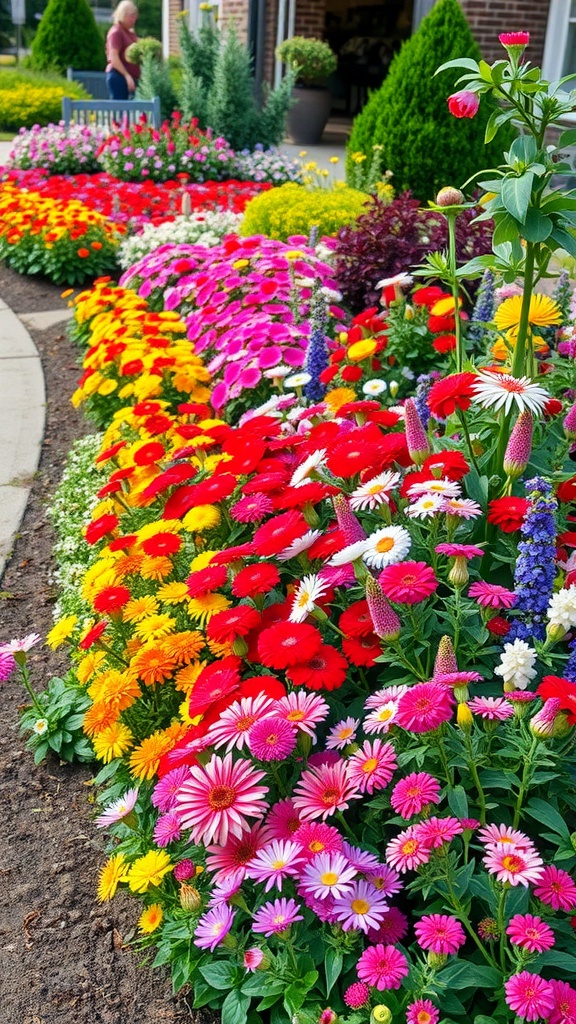 A colorful flower bed filled with red, pink, yellow, and white flowers, with a person tending to the garden in the background.