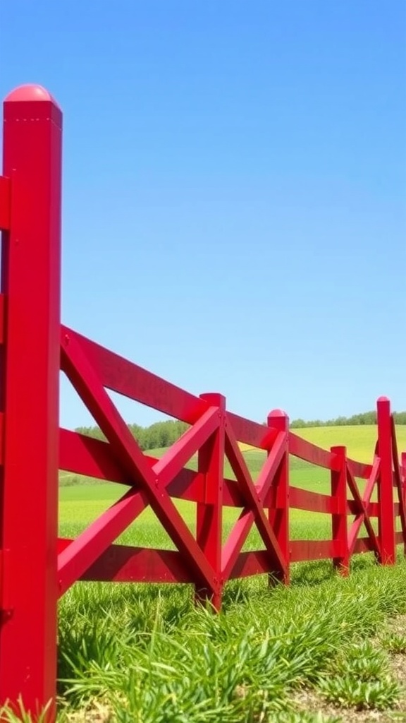 A vibrant red wooden fence against a clear blue sky and green field.