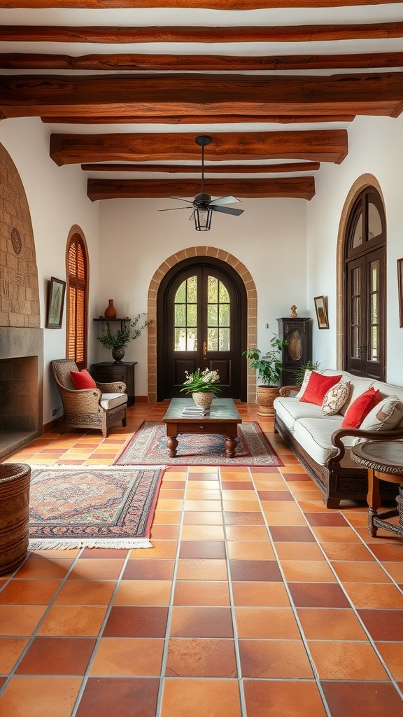 A cozy Spanish-style living room featuring vibrant terra cotta tiles, wooden beams, and comfortable seating.