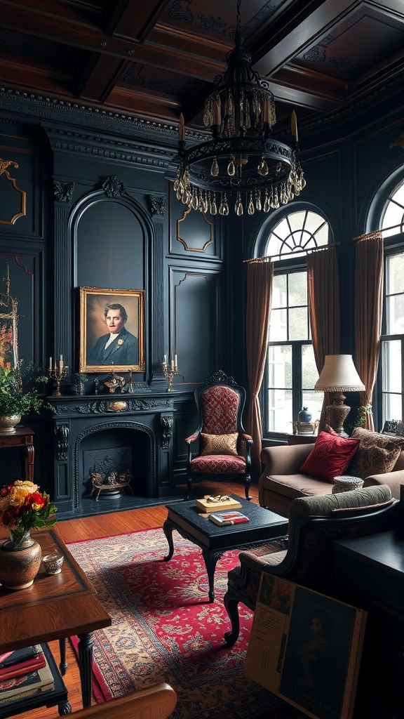 A gothic living room featuring dark walls, an ornate chandelier, antique furniture, and a vintage rug.