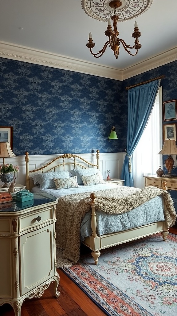 A vintage bedroom with dark blue walls, elegant furniture, and soft textiles.