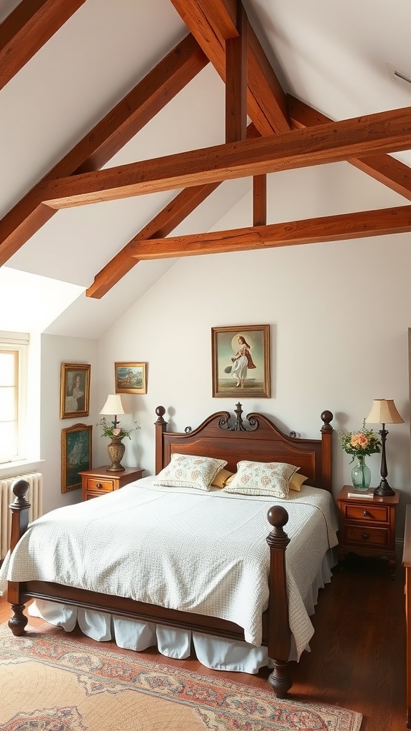 A cozy bedroom with a sloped ceiling, featuring exposed wooden beams, a classic wooden bed, and vintage decor.