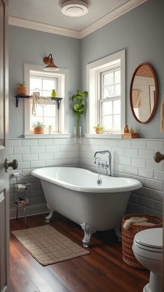 A small bathroom featuring a vintage clawfoot tub, modern wall tiles, plants, and warm wood flooring.