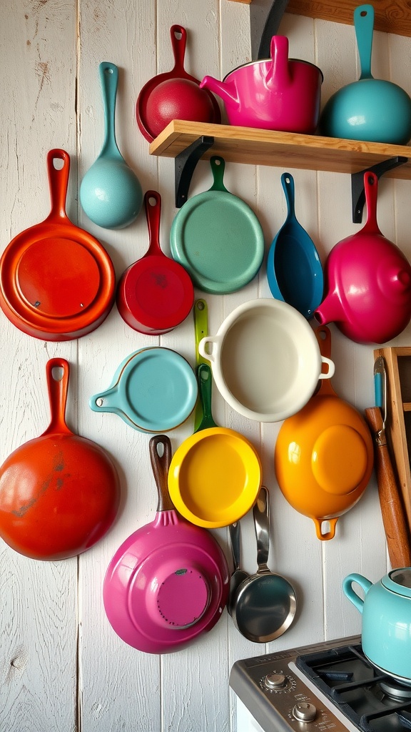 A colorful collection of vintage cookware hanging on a wall, featuring various skillets and pots in vibrant shades.