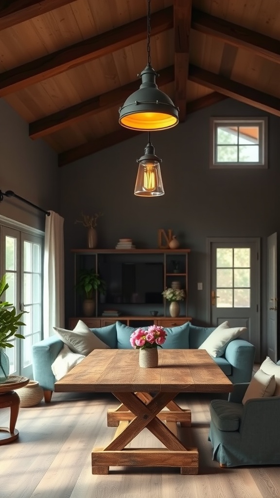 A cozy living room with vintage farmhouse lighting, featuring a wooden table and soft blue couches.