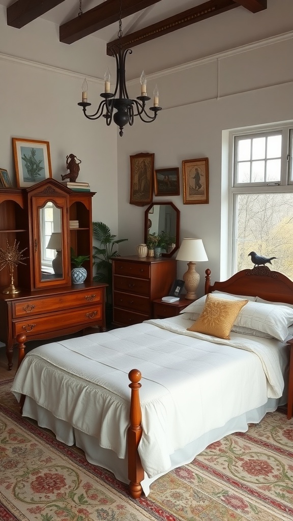 A cozy vintage-inspired bedroom with wooden furniture, a chandelier, and vintage artwork.