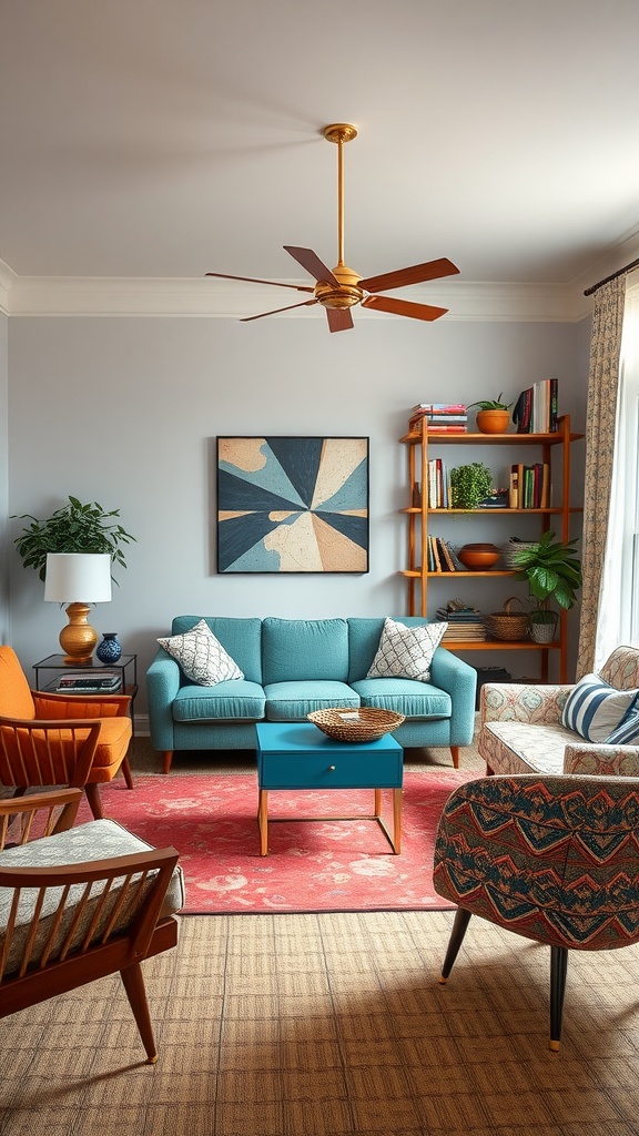 A whimsical living room featuring vintage and modern furniture.