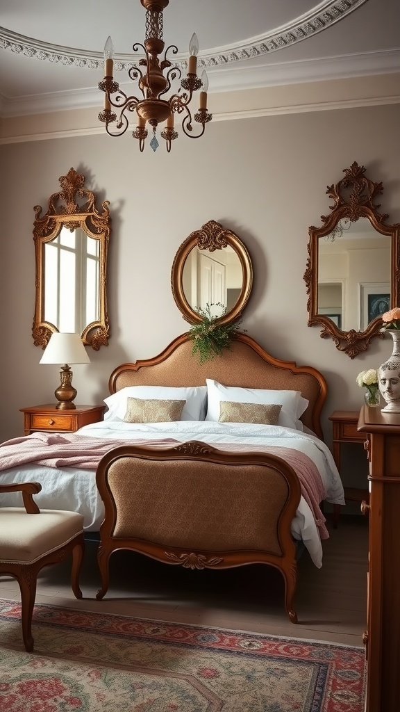 A vintage bedroom featuring antique furniture, elegant mirrors, and warm lighting.