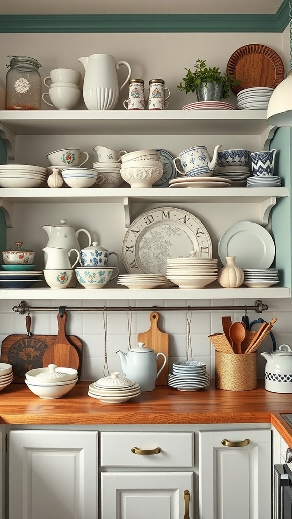 A cozy kitchen shelf displaying an array of vintage tableware including plates, cups, and decorative items.
